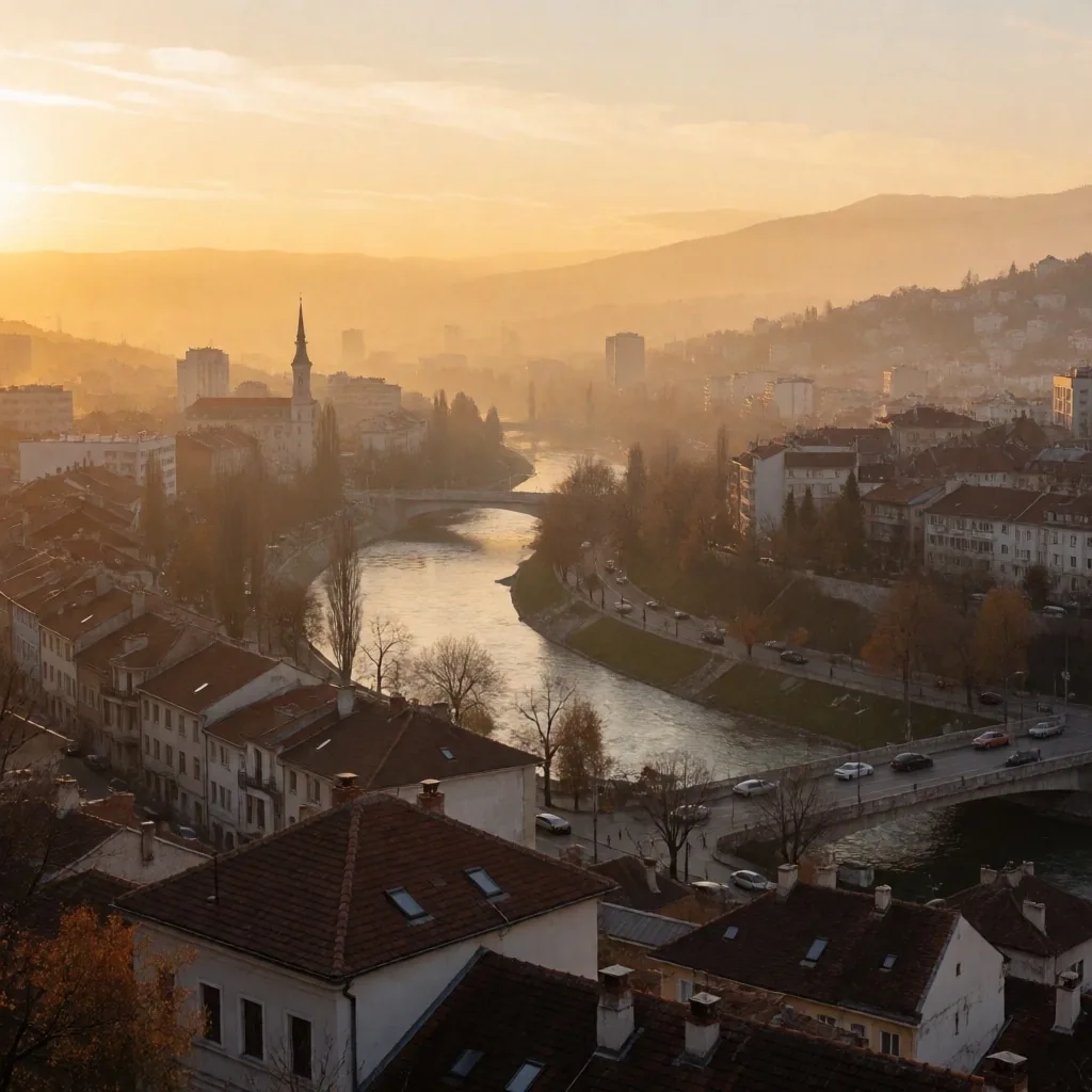 Sarajevo u sumrak sa laganim zagađenjem zraka